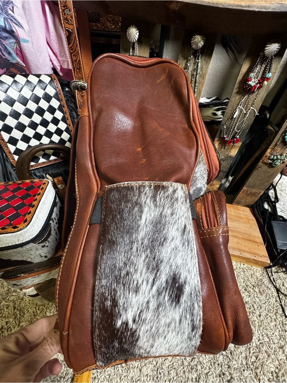 Genuine Handtooled Leather Cowhide New backpack Duck cards Western bag